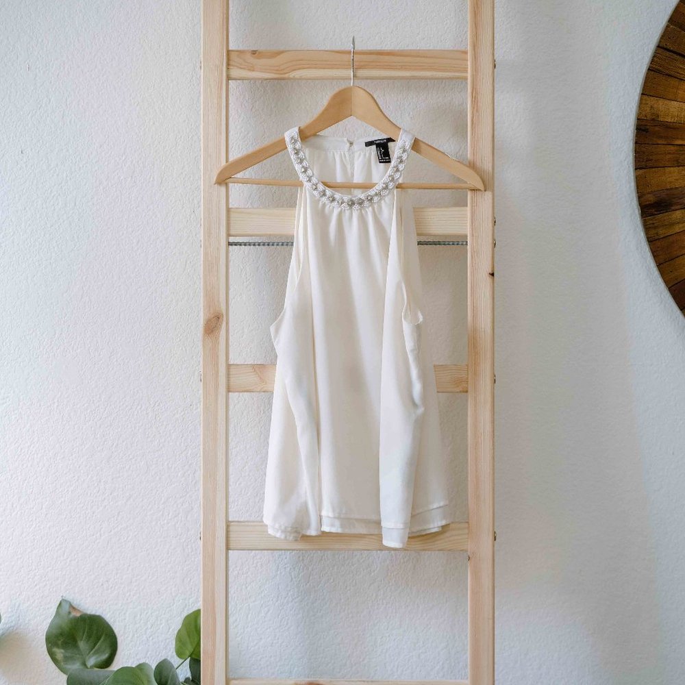 Forever 21 Cream Sleeveless Blouse Dress Top  With Beaded Collar